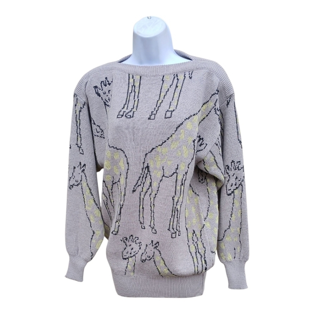Vintage 80s 90s Giraffe Knit Sweater Gray & Yellow Eclectic Grandpa Aesthetic M